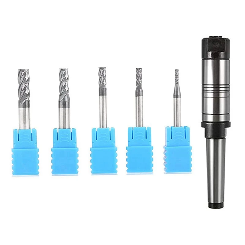 

5 Pcs 4-Flute Milling CNC Rotary Burrs Set & 1 Pcs 22Mm Milling Arbor Gear No. 2 Morse Taper MT2 M10 Mill Cutter Holder