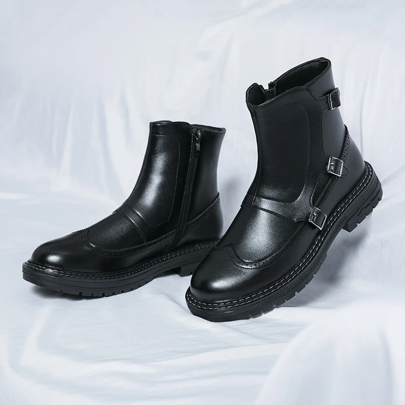 

Black Men Boots PU Low Heel Block Carved Buckle Hand Sewn High Top Business Casual Boots Anti Slip Comfortable Classic Men Boots