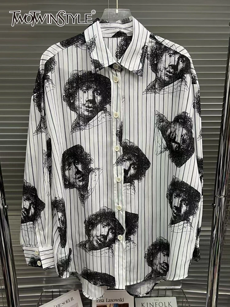 

TWOTWINSTYLE Patchwork Button Shirts For Women Lapel Long Sleeve Loose Casual Printing Blouse Spring Female Fashion Clothing New