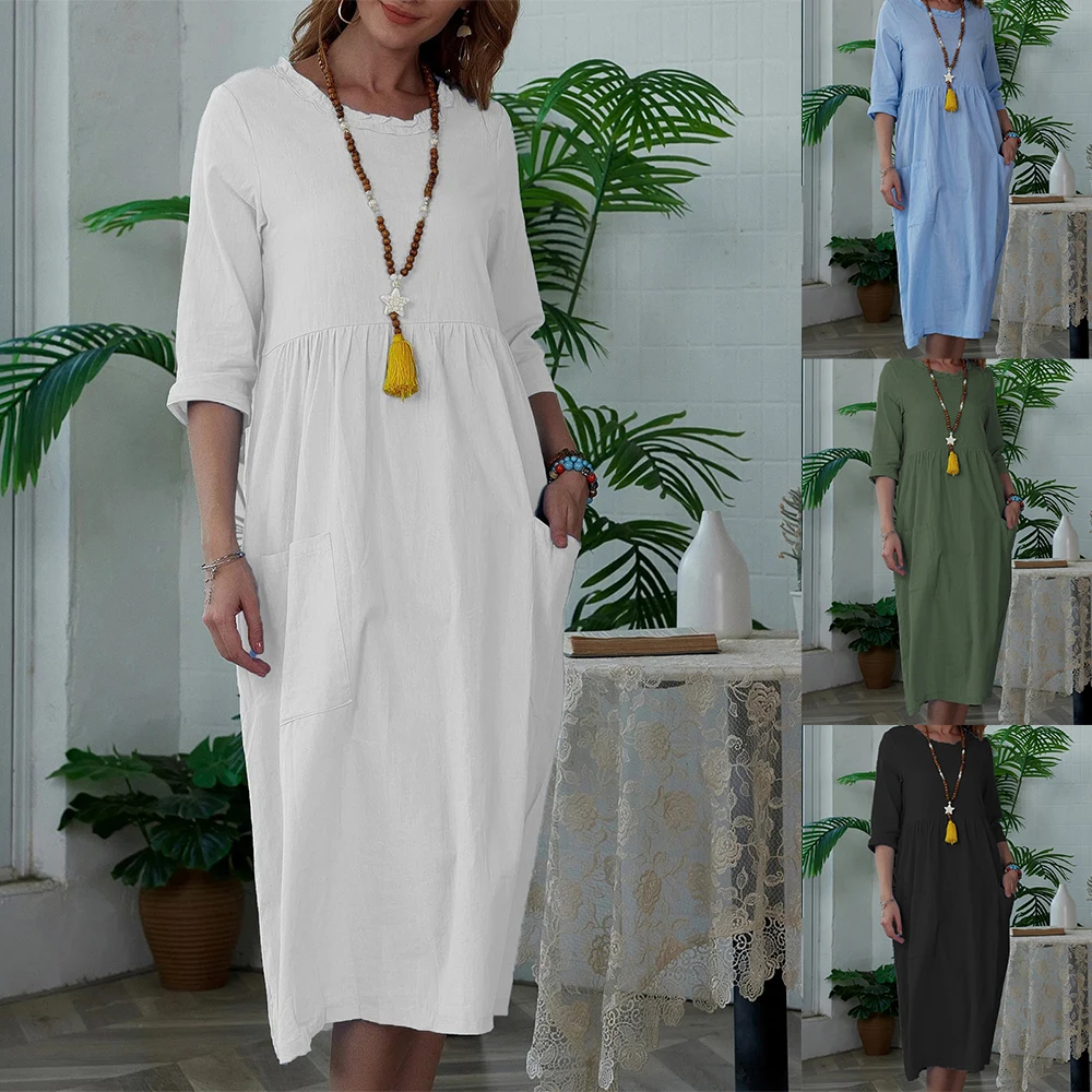 

Women Cotton Linen Loose Long Maxi Dress Autumn O-Neck Long Lantern Sleeve Solid Oversized Pocket Dresses S-2XL