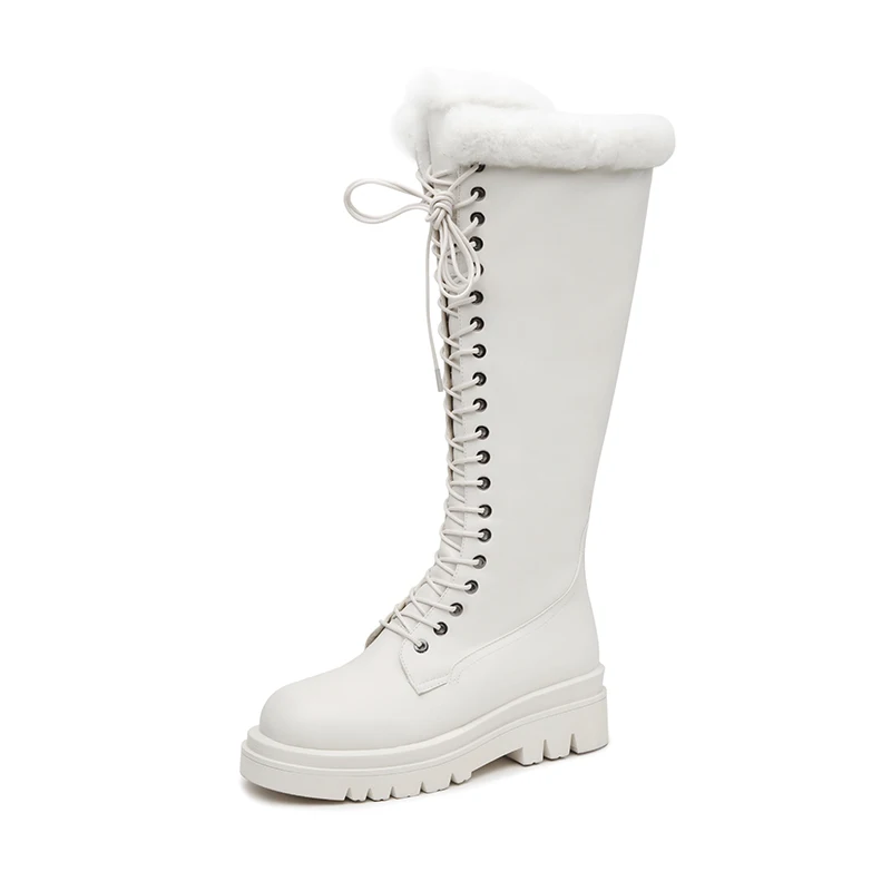 

Women Cross Strap Snow Boots SmallHut Winter Black White Brown Knee High Boots Punk Ladies Back Zipper Round Toe Platform Shoes