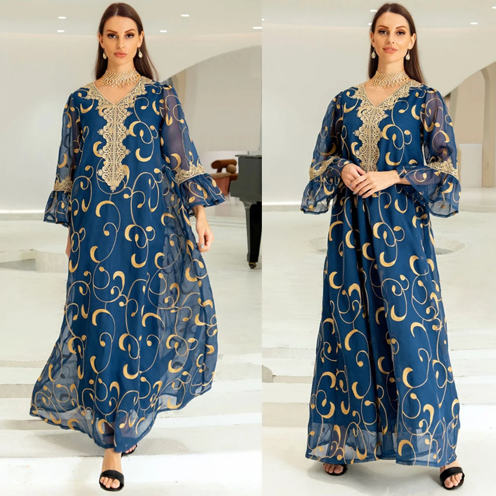

Elegant Dresses For Women 2022 Autumn Muslim Fashion Embroidery Dubai Abaya Printed Kaftan Party Evening Dress Islamic Vestidos