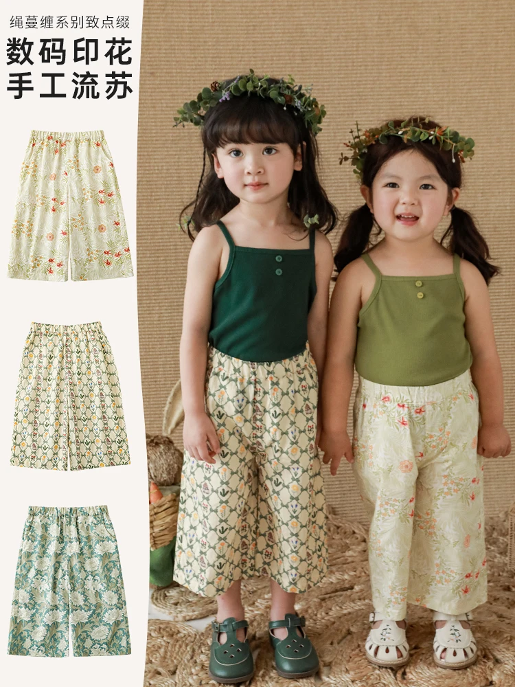 

Летние брюки для девочек 2023, милые свободные прямые Детские винтажные повседневные брюки с широкими штанинами и цветочным принтом