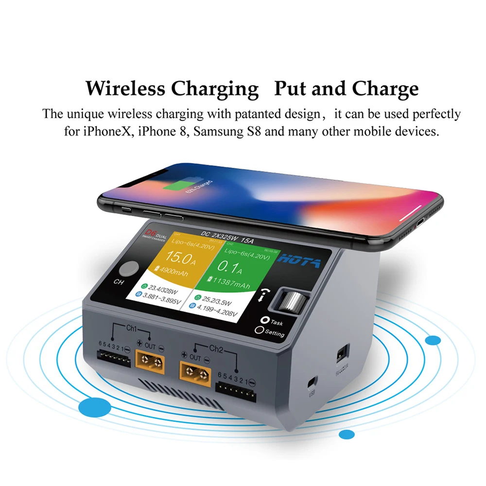 HOTA D6 Dual Smart Charger DC650W 15A Встроенный Micro USB для Lipo LiIon NiMH аккумулятора с iPhone Samsung