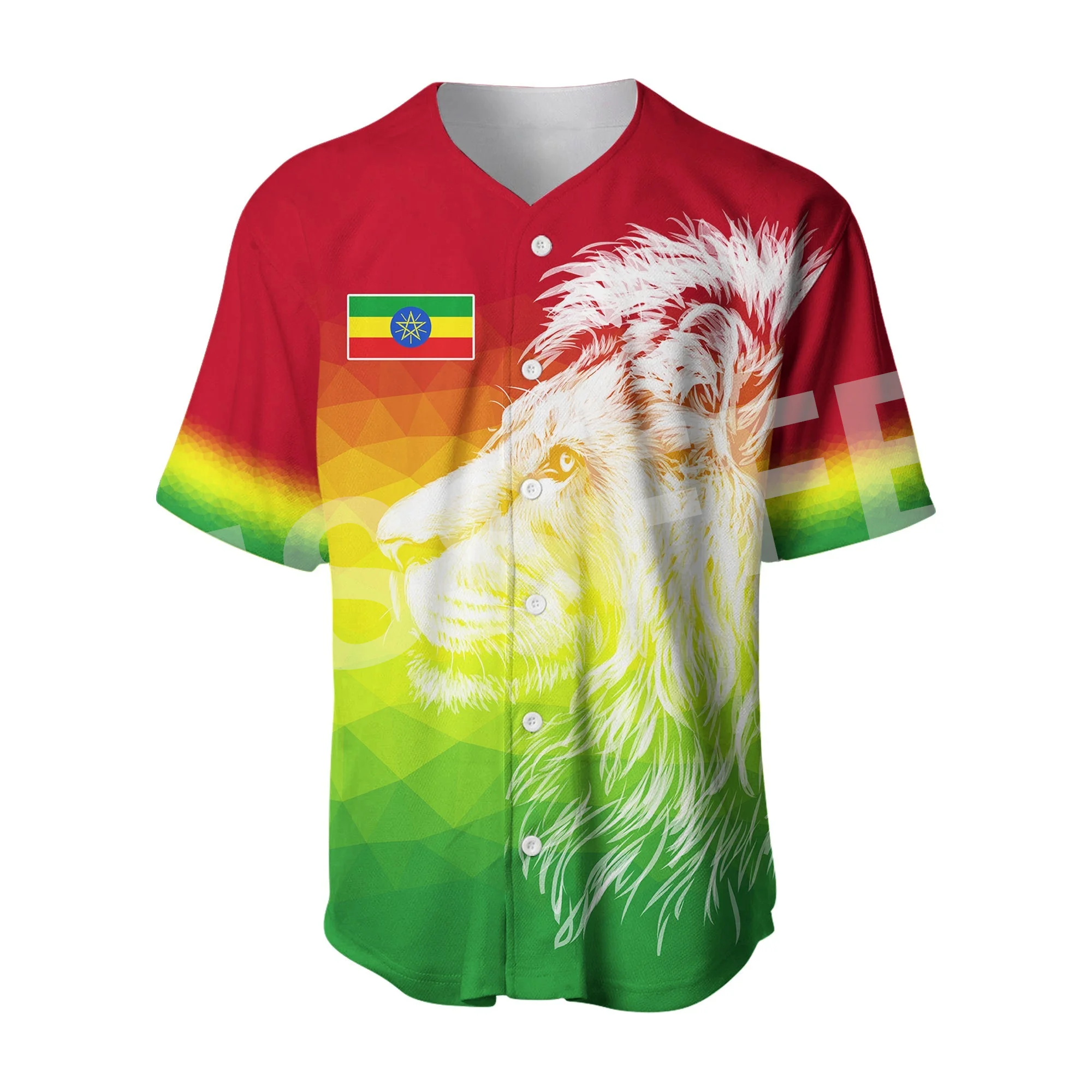 Africa County Flag Ethiopia Rasta Reggae Lion Tattoo 3DPrint Summer Harajuku Casual Funny Baseball Jersey Shirts Short Sleeves D