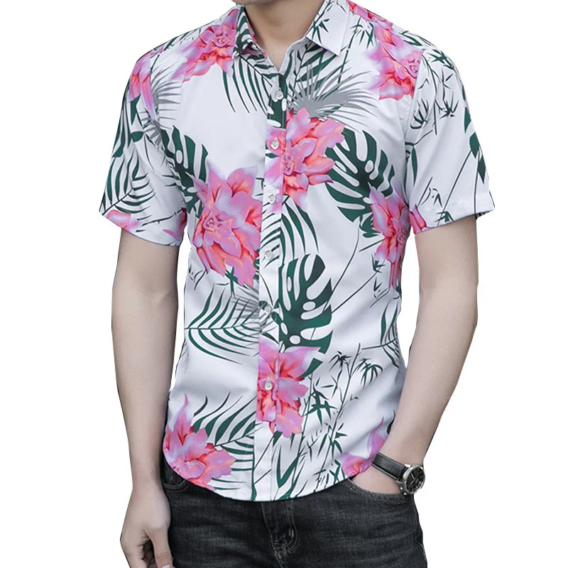 Men's Casual Shirts Mens Summer Beach Hawaiian Shirt Short Sleeve White Floral Men Holiday Vacation Blouse Clothing Camisas