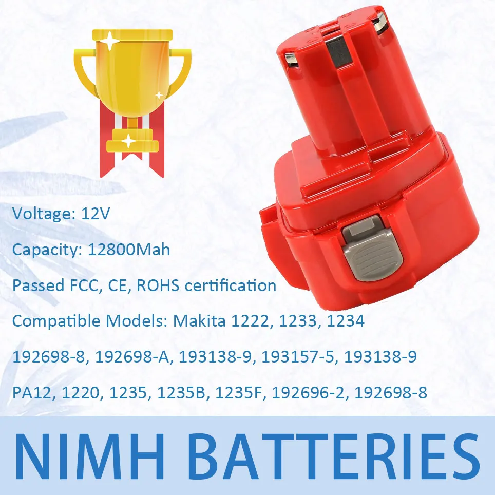

12 V 12800mAh battery for makita 1233/1234/1235/1235b/192698-8/192698-a/193138-9/193157-5 cordless power tools (red)