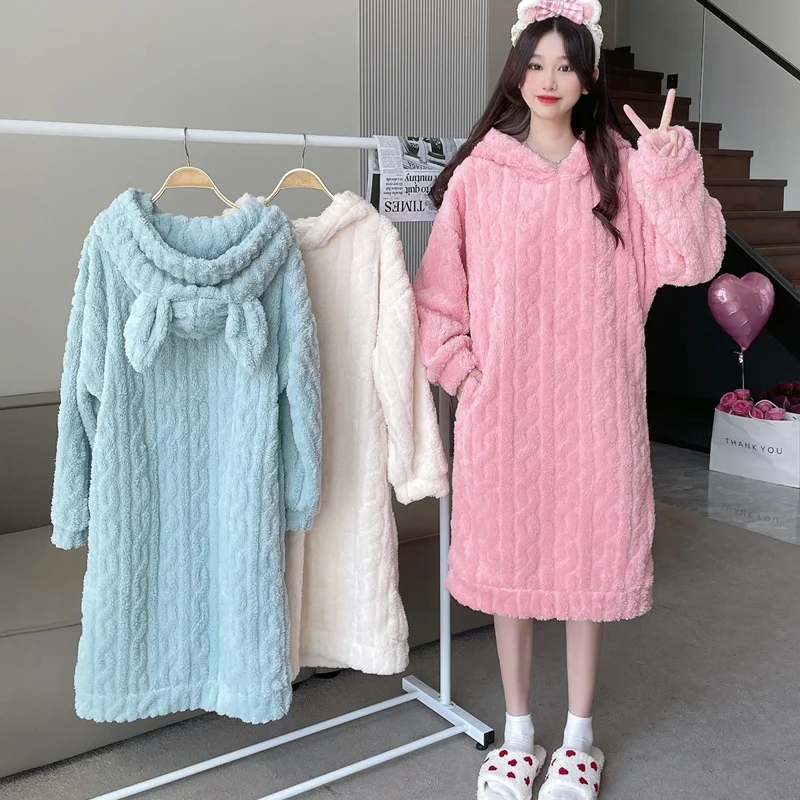 

2022 Winter Long Sleeve Thick Warm Flannel Hooded Nightgowns For Women Korean Cute Coral Velvet Sleepwear Night Dress Nightdress
