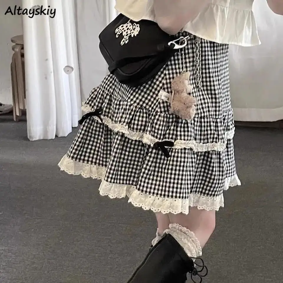 

Mini Skirts Women Lace Plaid High Waist Kawaii Preppy Style Chic Retro Princess Lovely Japan Style Girlish Ulzzang Summer New BF