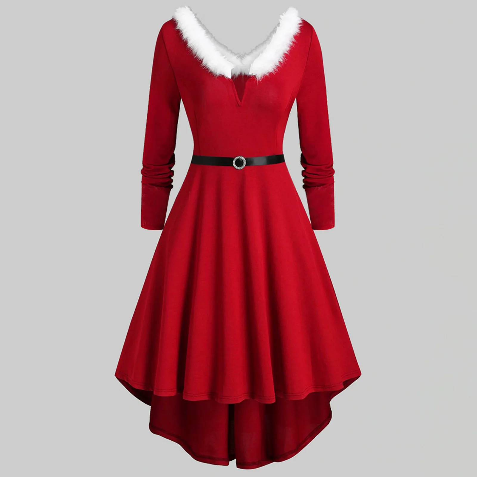

Рождественское платье с меховым воротником, Женское зимнее платье из искусственного плюша, женское платье с длинным рукавом, красное асимметричное платье, рождественское платье