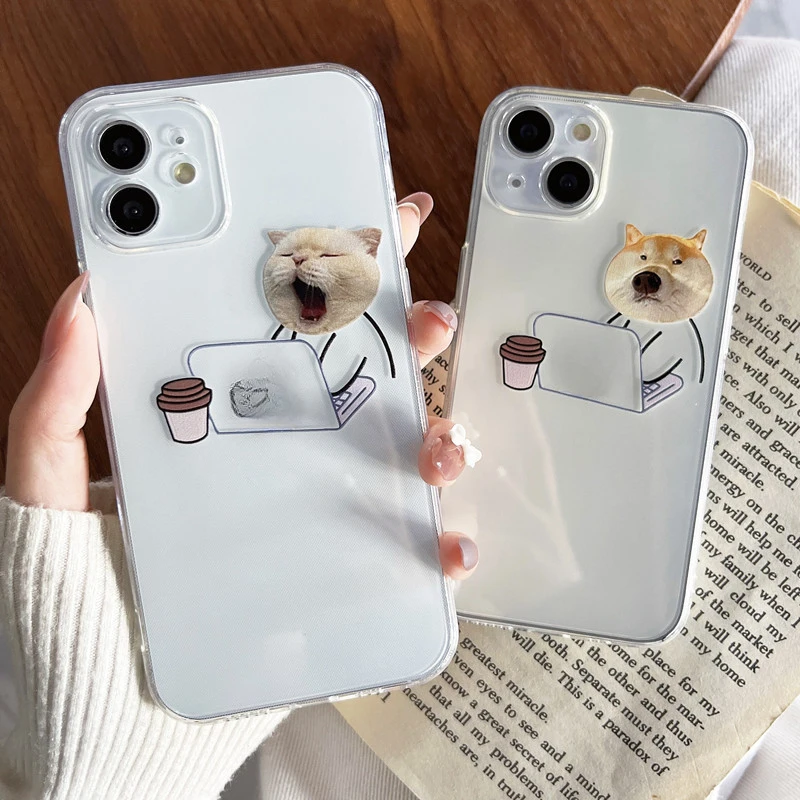 

Funny Cartoon Working Cats and Dogs Clear Phone Case For iPhone 14 13 12 11 Pro Max Mini XR XS X 14Plus Thin Soft Silicone Cover