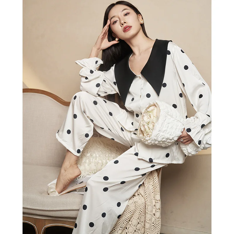 2023 New Arrival Spring and Autumn Black Large Lapel Ice Silk Pajamas Women's Long-Sleeved French Style Outerwear Home