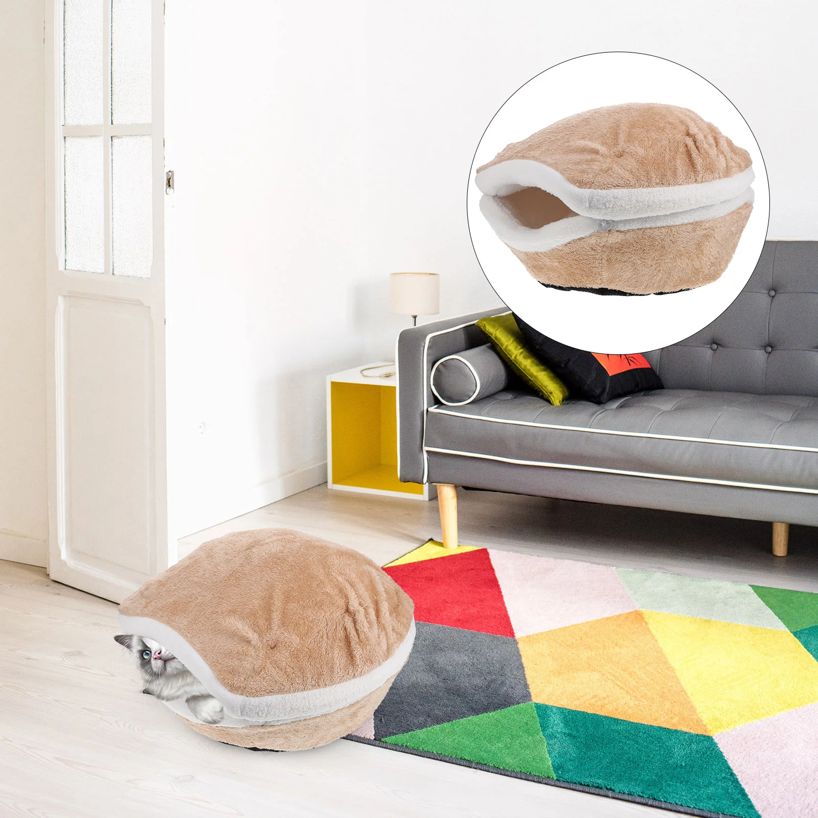 

Cat Bed Pet Sleeping House Winter Cave Cushion Tent Warm Hut Burger Puppy Cute Plush Tunnel Rest Hideaway Warming Fluffy Kitten