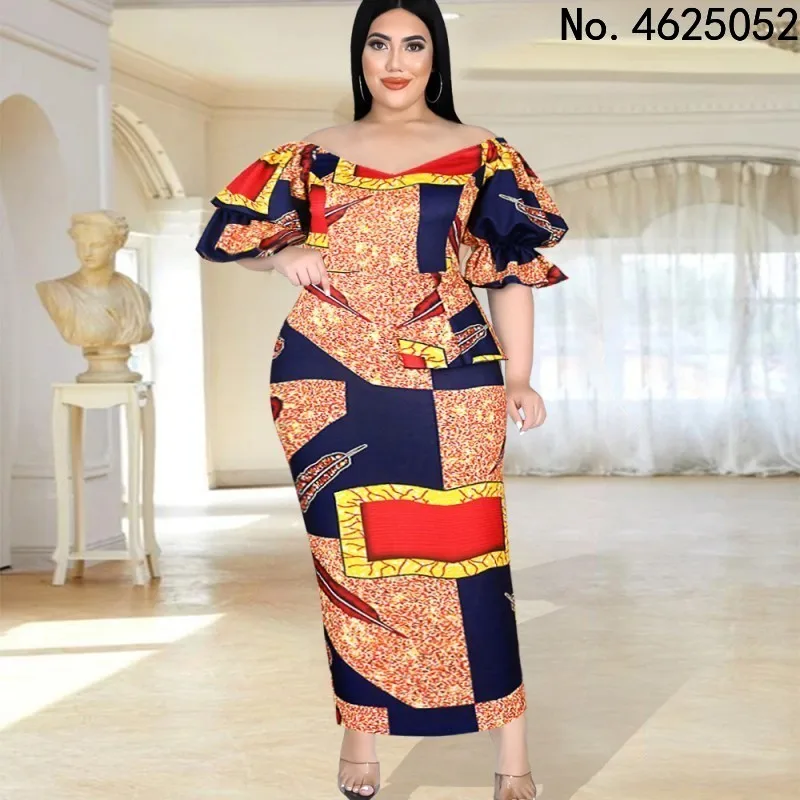 

Women Vintage Print Bodycon Dress Puff Sleeves Bare Shoulder Party Evening Elegant Fashion Formal Slim Pencil Gown African Robes