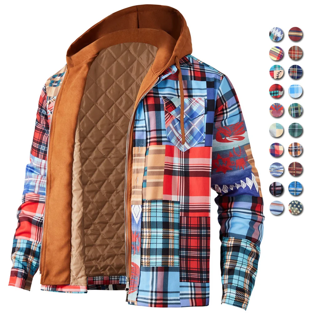 

Mens Autumn Winter Jacket Harajuku Plaid Hooded Zipper Long Sleeve Basic Casual Shirt Jackets European American Size S-5XL