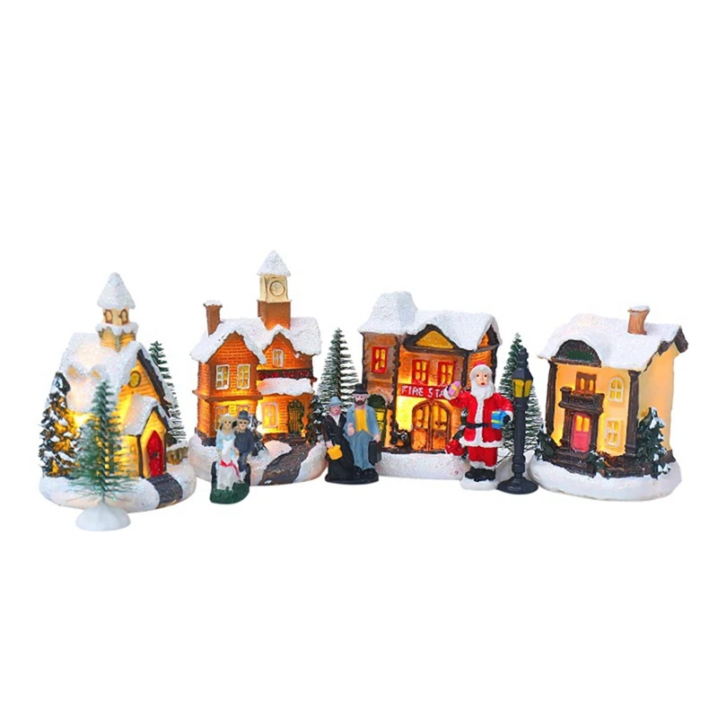 

1Set Christmas Santa Claus Snow House Tiny Scene Sets Luminous LED Light Up Xmas Tree Shop Village Decor Figurines