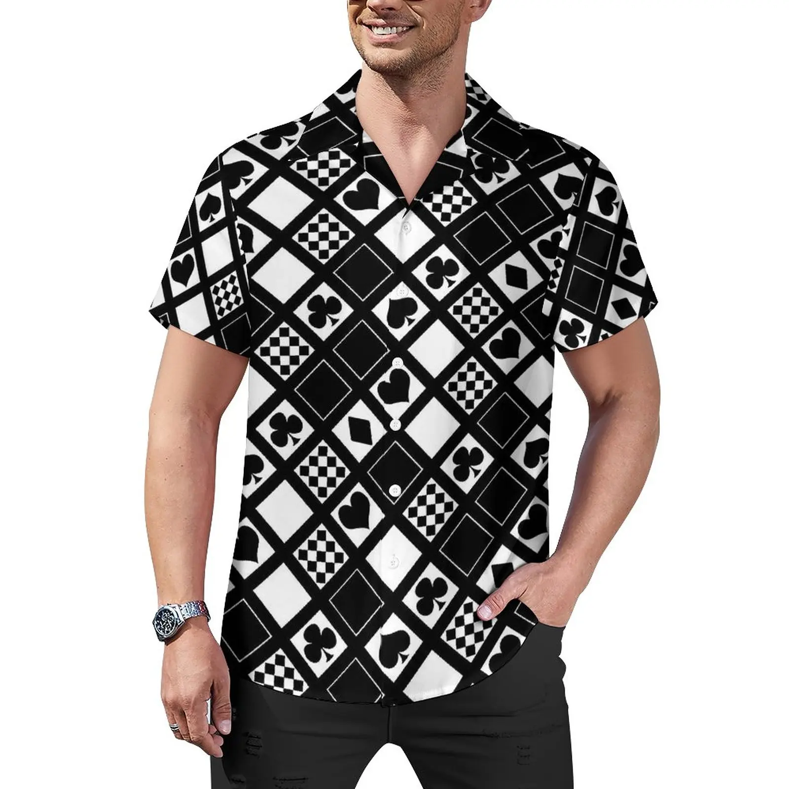 

Casino Playing Cards Casual Shirts Hearts Crosses Print Beach Shirt Hawaiian Streetwear Blouses Mens Printed Plus Size