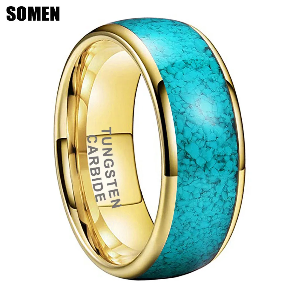 

Somen 8mm Men Tungsten Carbide Ring Blue Turquoise Stone Inlaid Polished Gold Color Wedding Engagement Ring Male Jewelry