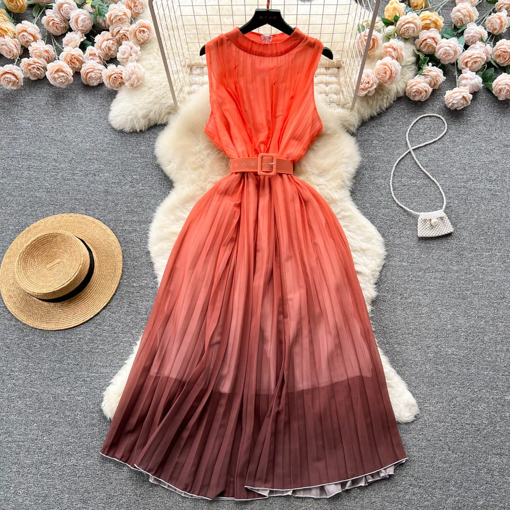 

Summer French Haute Couture Gradually Changing Color Sleeveless Dress Pleated Design Niche Temperament Skirt