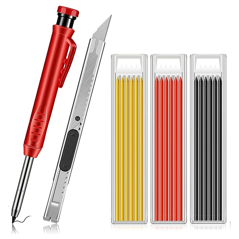 

5 Pcs Solid Carpenter Pencil Set With 18 Refills And 1 Utility Knife Built-In Deep Hole Construction Pencil Marking Tool