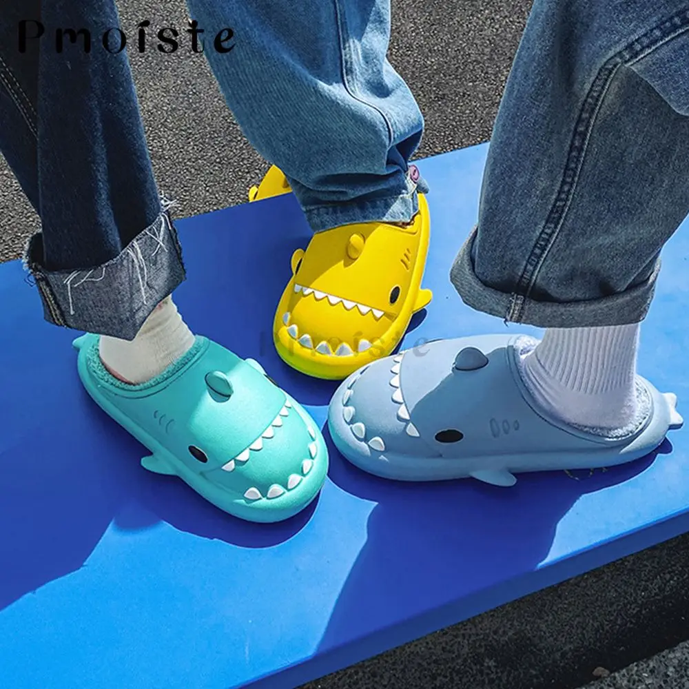 Winter Shark Slippers for Women Cartoon Children Slippers Family Adults Kids Indoor Waterproof Thick Sole Man Plush Slippers