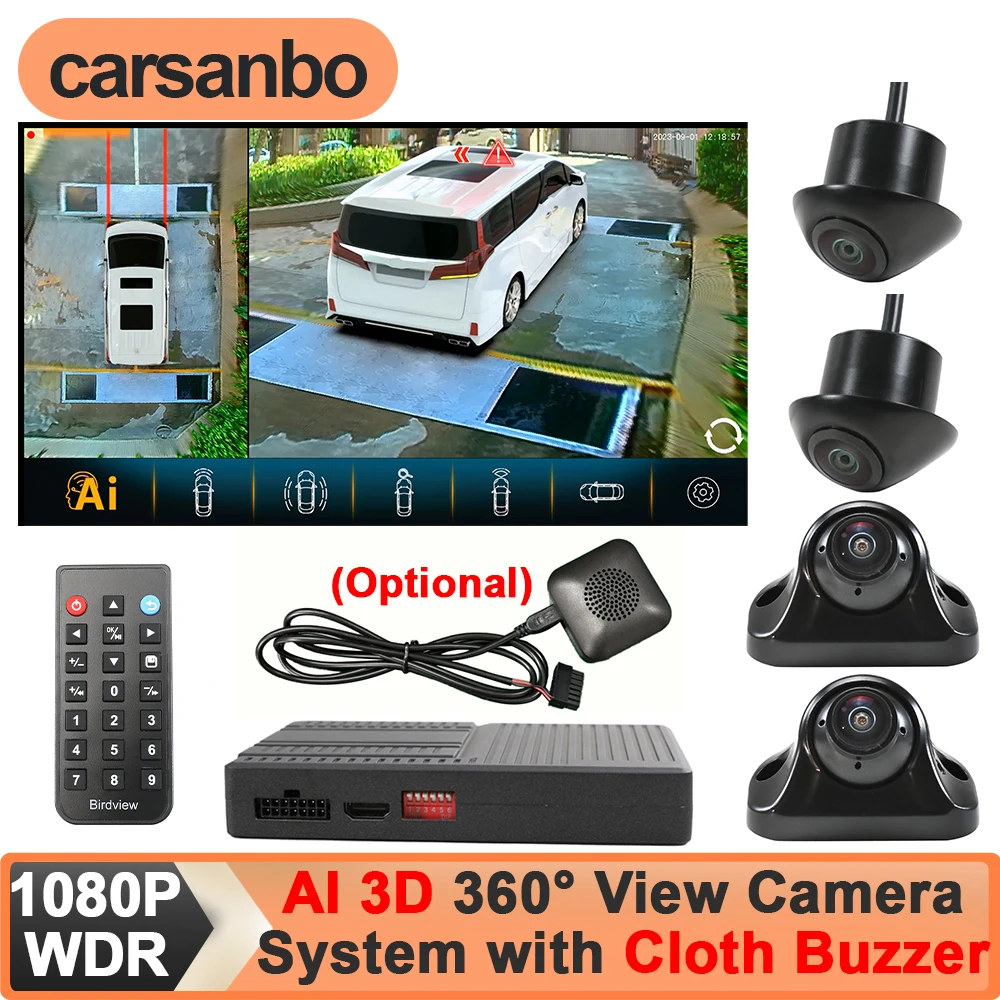 Фото Камера кругового обзора Carsanbo AI 3D 360° для пикапов и фургонов, 4-канальная AHD 1080P WDR с калибровочной тканью №1