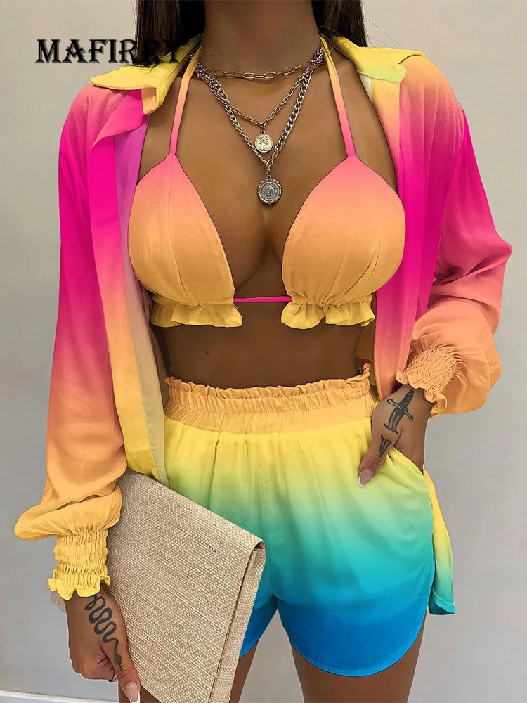 

New Matching Set Women Sling Top Shorts Cardigan 3PCS Solid Casual Ladies Outfit Long Petal Sleeve Elastic Waist Suit Streetwear