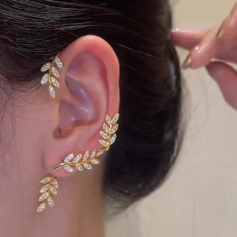 

High-quality Micro-inlaid Zircon Leaf Earrings Two-wear Type Non-hole Branch Ear Clips Niche Design