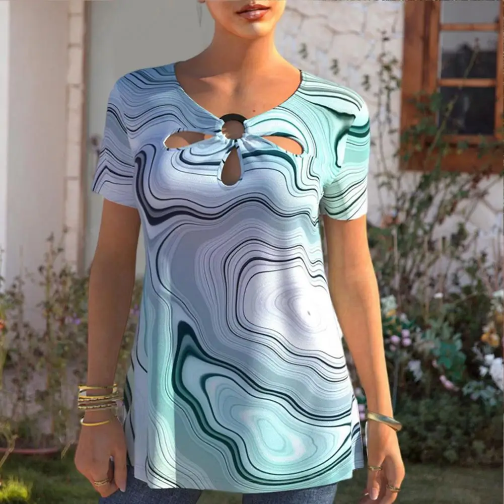 

Summer T-shirt Women Top Half Sleeve Breathable Lightweight Summer Casual Ripple Petal Print Tie-dyed Top for Daily Wear