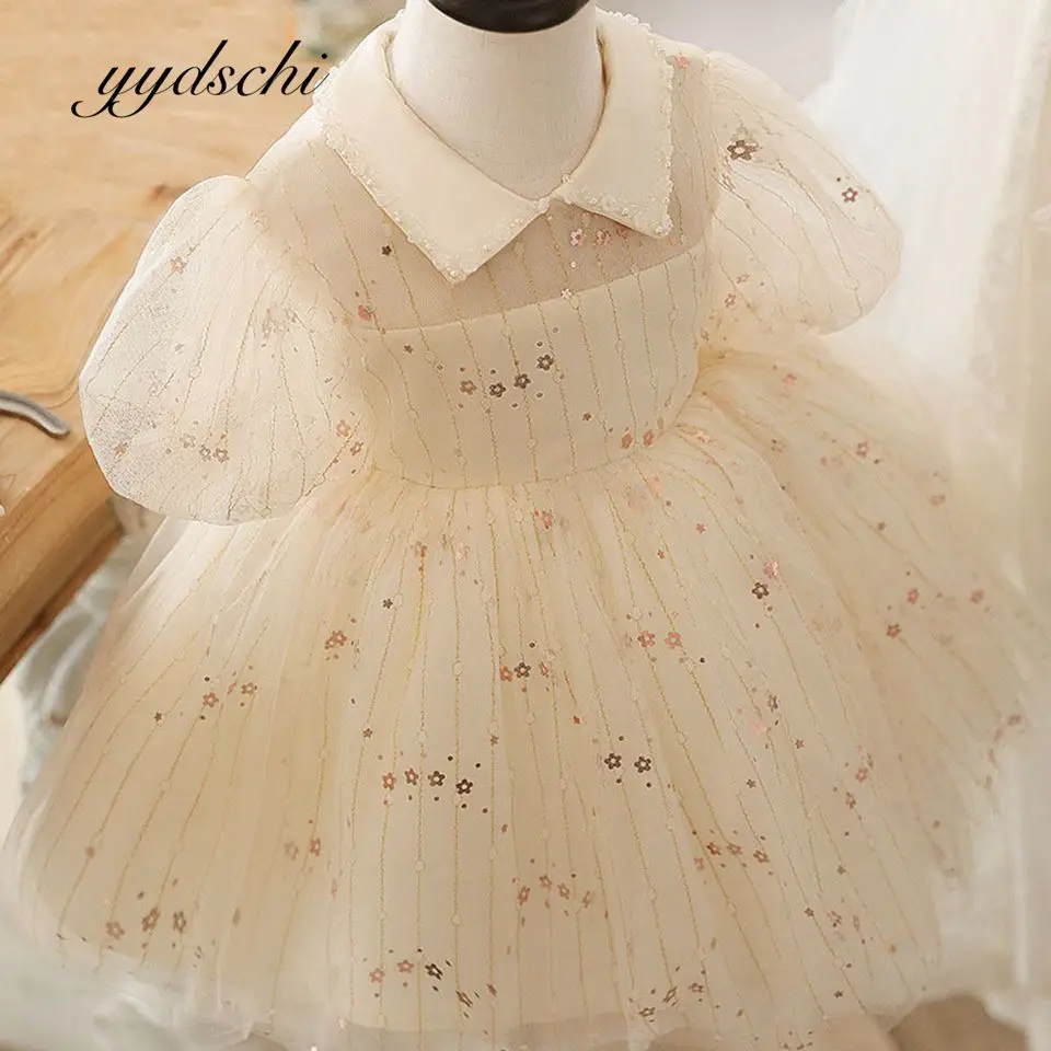 

2022 Yellow Beading Flower Girl Dresses Children Birthday Party Wedding Dress For Kids Short Sleeves Sequins Vestidos De Novia