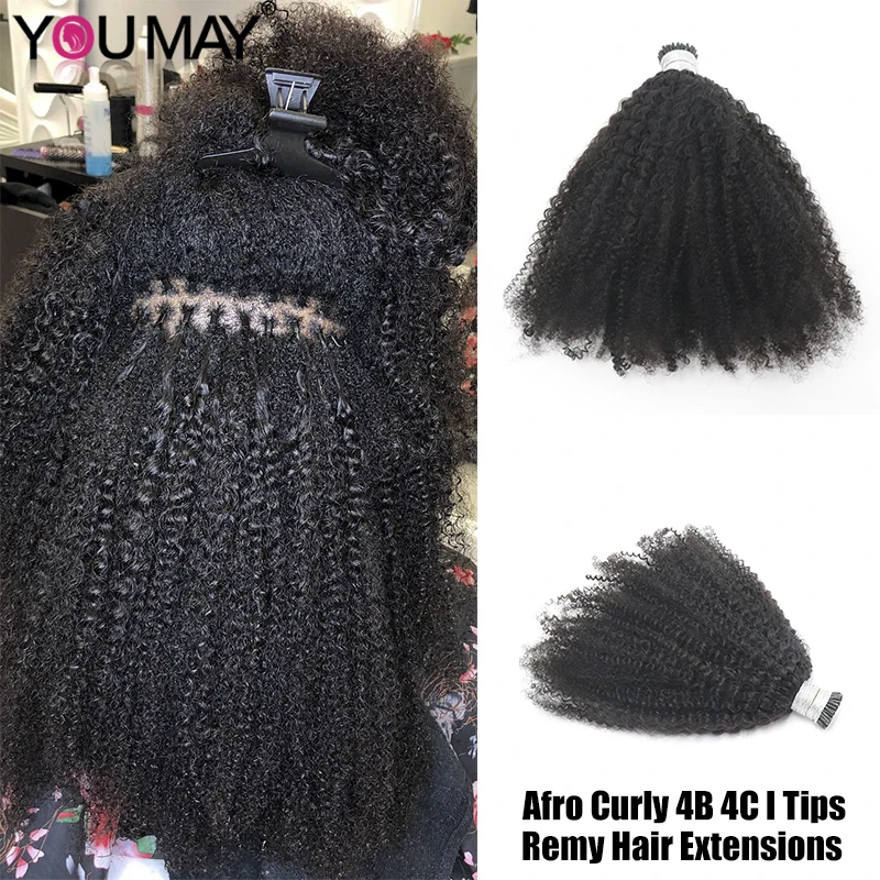 Afro Kinky Curly Itips Human Hair Extensions Microlinks Mongolian Remy Hair Bundles I Tip Micro Beads Afro Coily In Bulk Tape in