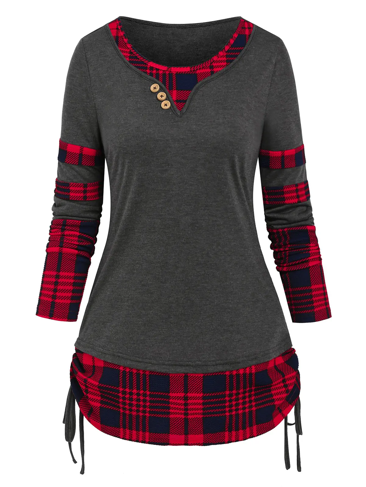 

2 In 1 Plaid Print Faux Twinset Cinched T-Shirt Full Sleeve Scoop Neck Casual Daily Tops For Women