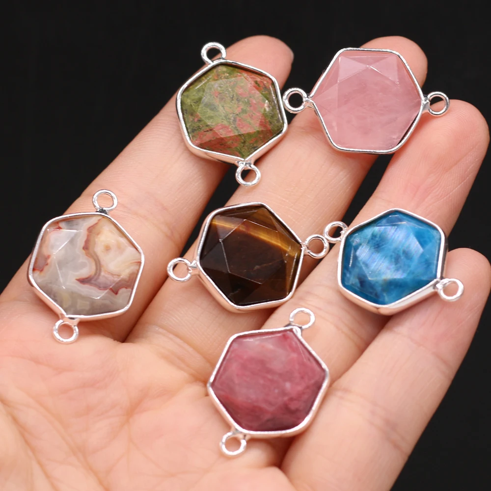 

yachu Natural Stone Rose Quartz Agate Hexagonal Connector For Jewelry Making DIY Necklace Hanging Accessories Charm Gift 16x40mm