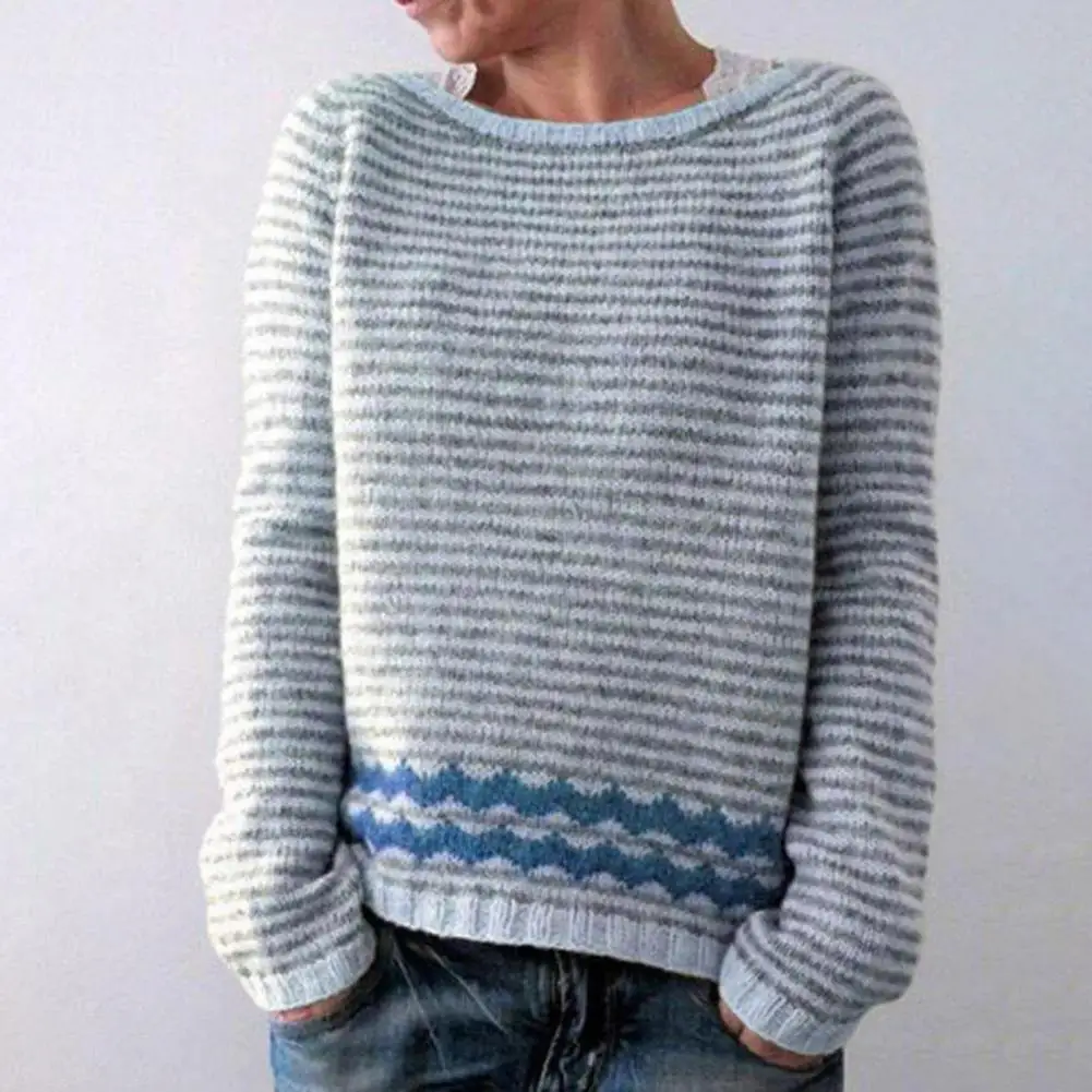 

Autumn Winter Women Sweater Vintage Round Neck Long Sleeves Knitwear Color-block Loose Pullover Knitted Top Women's Clothing