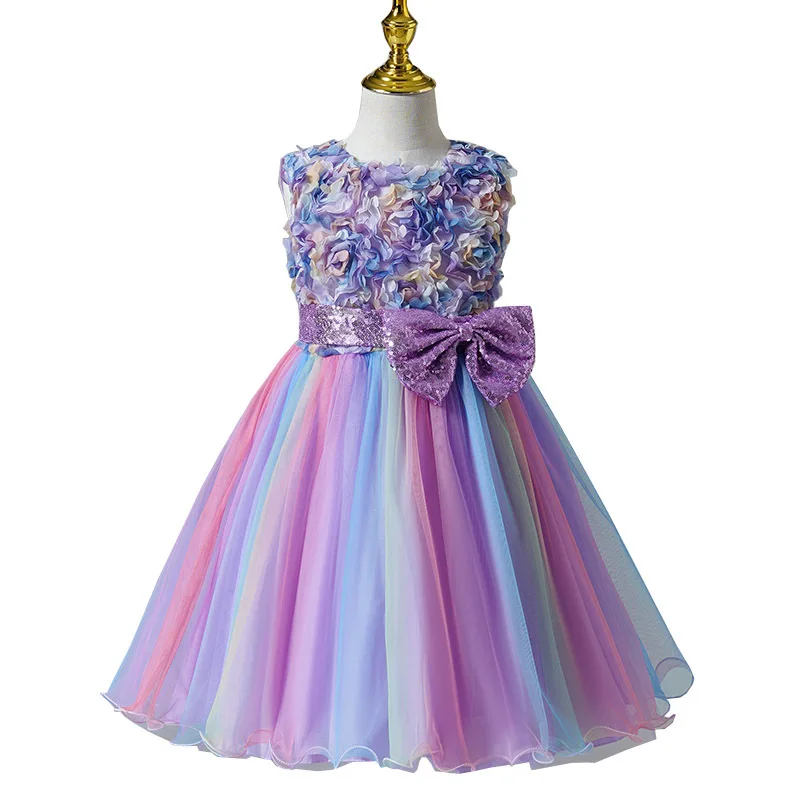 

Princess Summer Dress Girls' Dress Upper Body Three-Dimensional Flowers Mesh Poncho Jumpsuit Short Sleeveless New Evening Dress