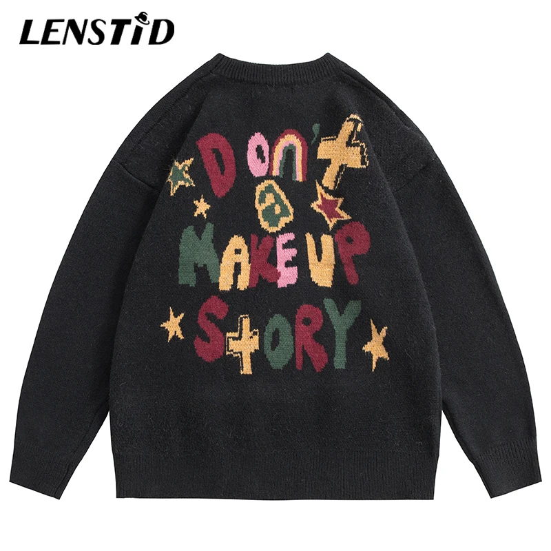 

LENSTID Autumn Women Knitted Jumper Cool Sweaters Hip Hop Letter Jacquard 2022 Streetwear Harajuku Fashion Casual Pullover Black