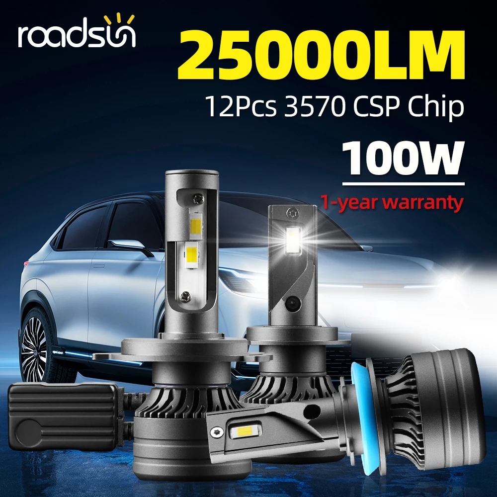 Светодиодсветодиодный лампы для автомобильных фар roadsun CSP Mini H7 LED H4 H1 H11 H8 HB3 HB4 9005 9006 Led Canbus 100W 25000LM 6000K 12V 24V Автомобильные противотуманные фары