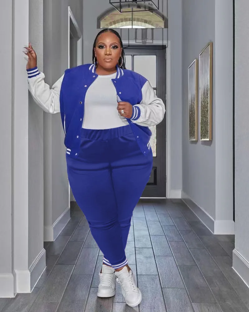 

Женский спортивный костюм размера плюс, укороченные куртки и брюки в стиле пэчворк, комплект из двух предметов, спортивная одежда для бейсб...