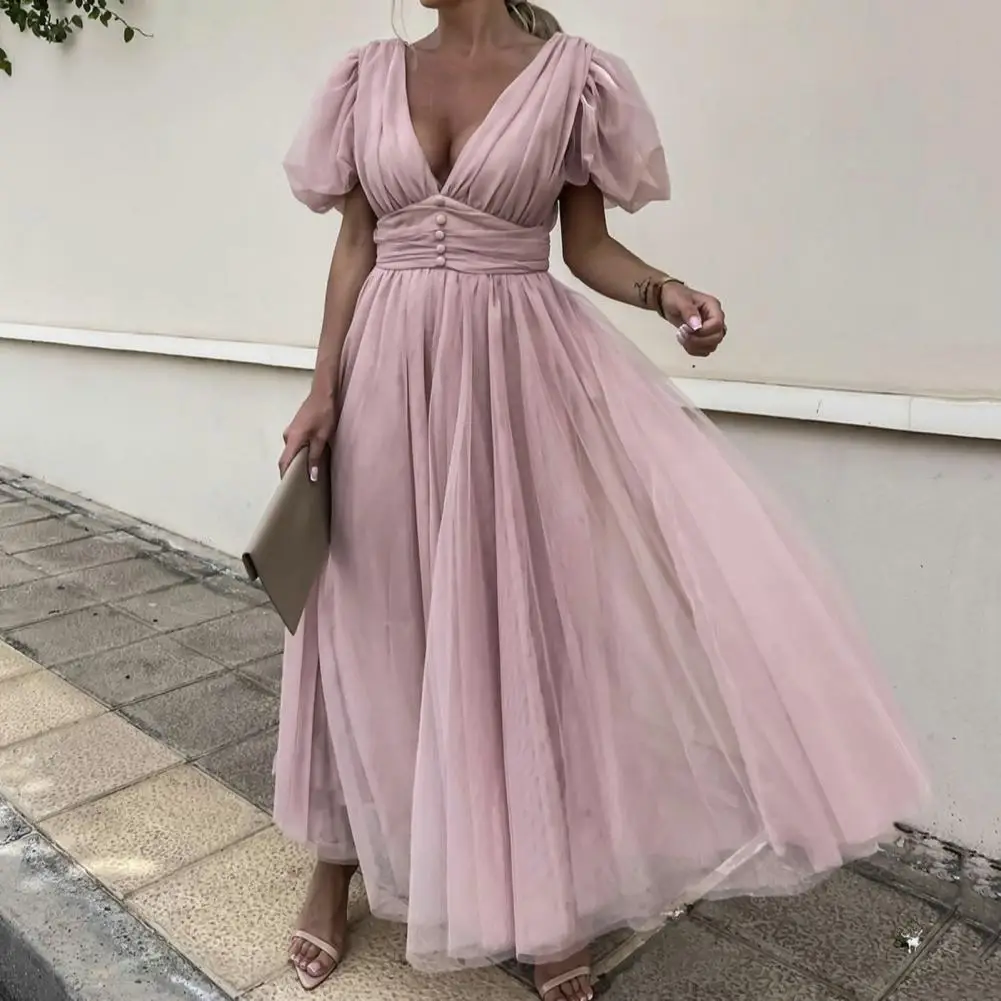 

Wedding Dress Bubble Sleeve Elegant Mesh Deep V Neck Tight Waist Party Dress Banquet Dresses Double-layer Big Hem Prom Dress