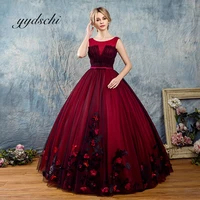 2022 burgundy a line prom dresses for wedding elegant o neck sleeveless appliques ball gown lace up bow vestidos de gala
