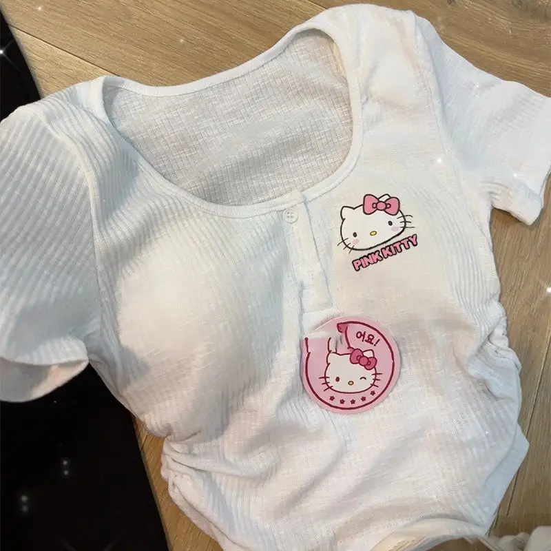 

Женская футболка с коротким рукавом Sanriod Hello Kitty, короткий, облегающий, без пупка, универсальный топ со встроенными накладками для груди