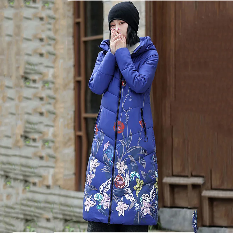 2023 Winter X-long Jacket Women Embroidery Loose Long Woman Parkas Hooded Stand Collar Cotton Padded Coat Female Overcoat