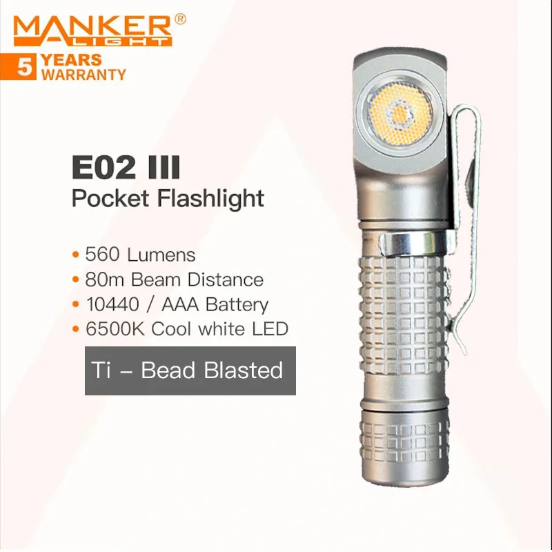 Фото MANKER E02 III (Ti 6500K Cool White) 560 люмен, карманный фонарик EDC, питание от батареек 10440/AAA, магнитный крепеж, 10 режимов освещения №2