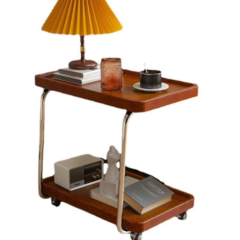 

Hxl Light Luxury Solid Wood Side Table Upper and Lower Simple and Convenient Movable Roller Tea Table
