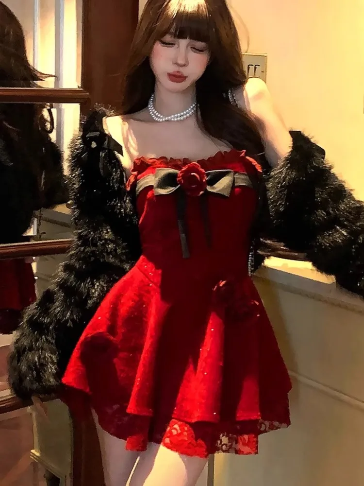 Y2K милое мини-платье с цветочным принтом для женщин элегантное кружевное