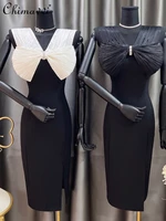 elegant bow v neck backless slim fit sheath dress for ladies 20222 summer new fashion stitching high waist slit dress womens