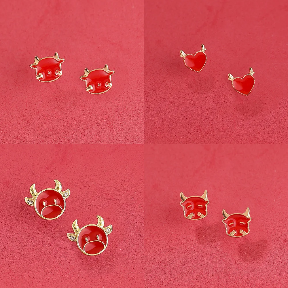 

Cute Cow Earrings National Tide Zodiac Red Cute Calf Earrings Retro Chinese Style Festive New Year Earrings