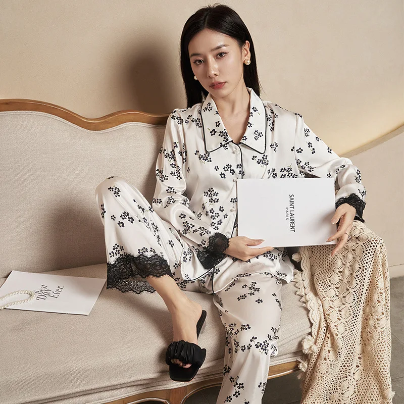 

Jxgarb весна-осень новые атласные Цветочные кружевные брюки с вырезами на рукавах роскошная одежда для сна женская красивая пижама из ледяного шелка для женщин
