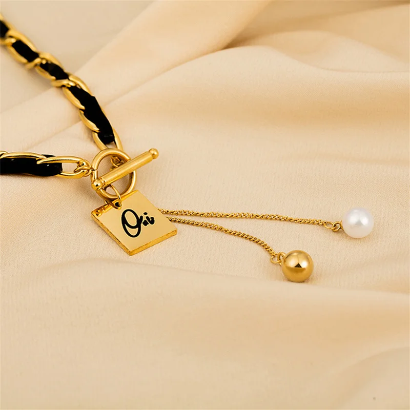 French Woven Stainless Steel Pendant Necklace Women Hip Hop Trend Luxury Leather Pearl Collarbone Chain Party Jewelry |