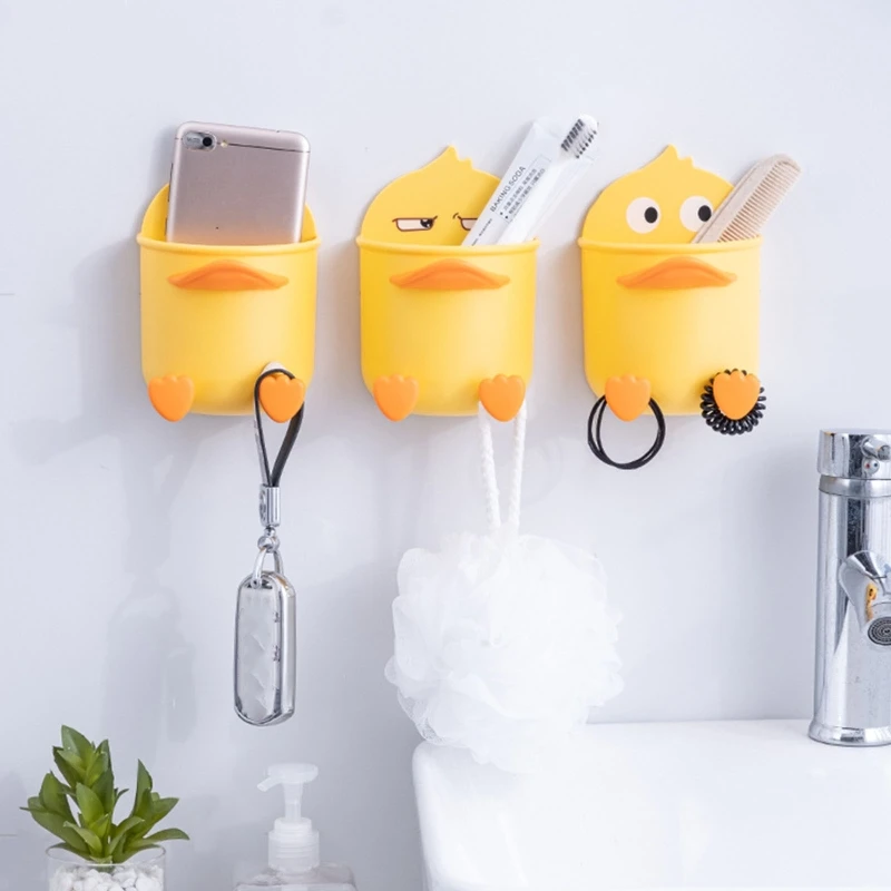 

Wall Mounted Yellow Duck Storage Box with Hooks Multifunction Organizer for Home Bedroom Bathroom Kitchen Comb Toothpaste Rack
